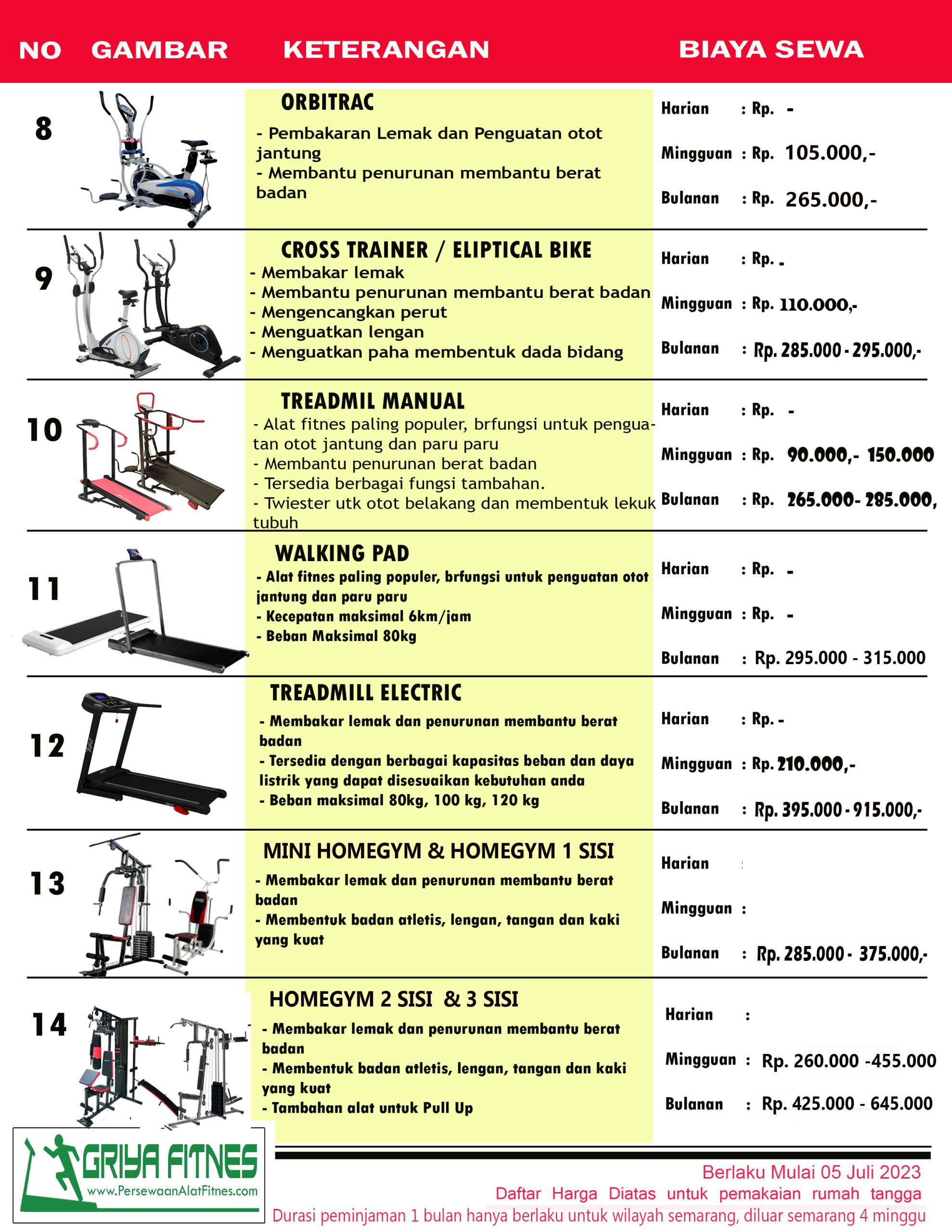 daftar harga sewa alat fitnes semarang solo dan yogya | Griya Fitnes